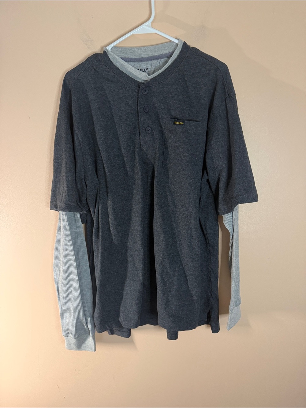Stanley Dark Gray Layered Henley Long Sleeve Shirt with Light Gray Sleeves
